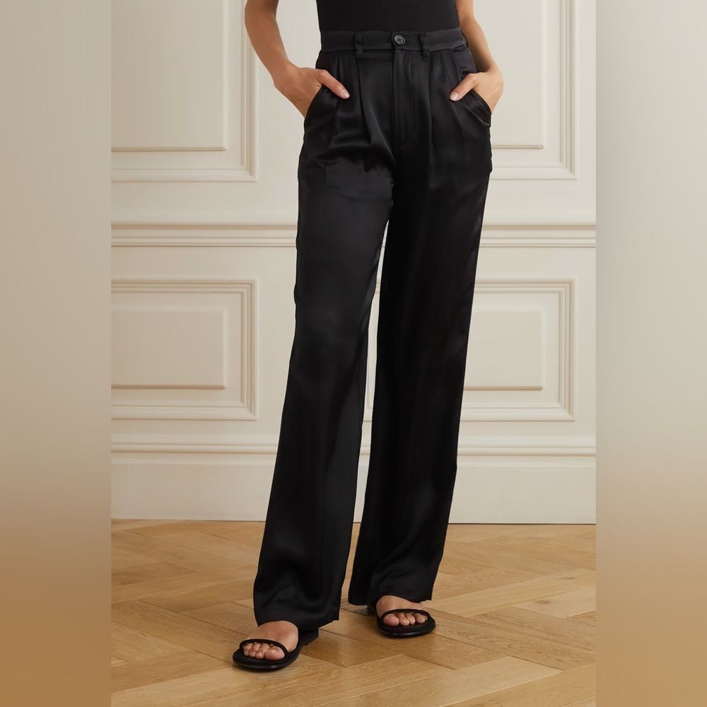 ANINE BING Carrie Black Pleated Silk-Charmeuse Straight-Leg Pants DK 32 or US 2